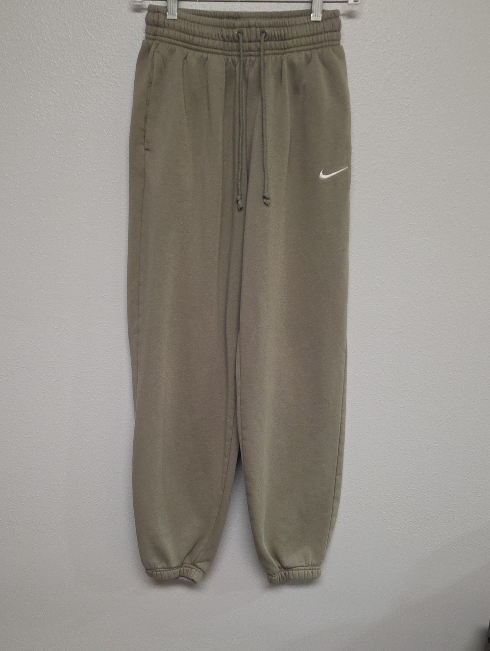 Nike Olive Sage Green Fleece Joggers with White Swoosh